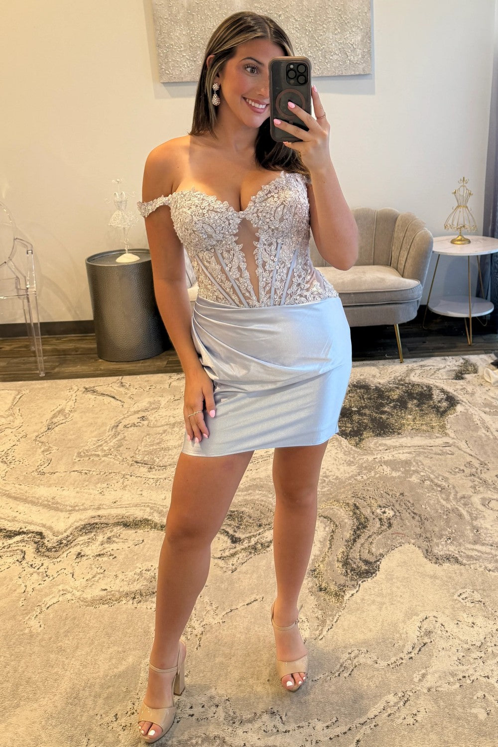 Chic Off-the-Shoulder Lace Applique Homecoming Dress with Ruched Satin Skirt