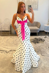 Chic Polka Dot Spaghetti Straps Mermaid Prom Dress with Hot Pink Bow