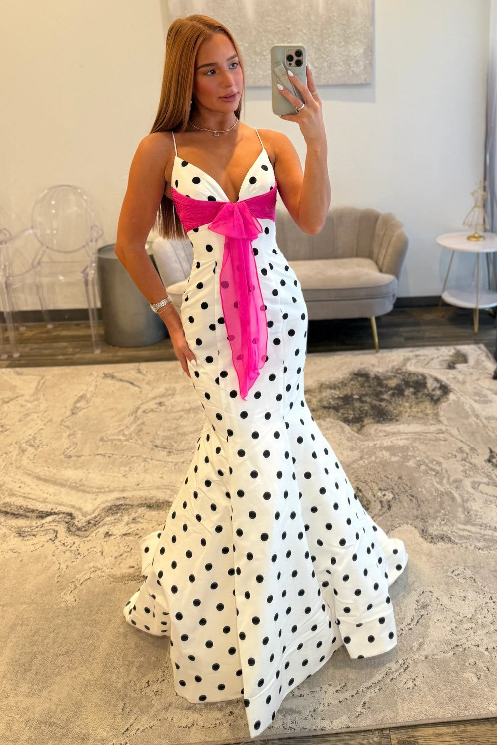 Furlla Women Chic Polka Dot Spaghetti Straps Mermaid Prom Dress with Hot Pink Bow – Furlla Official