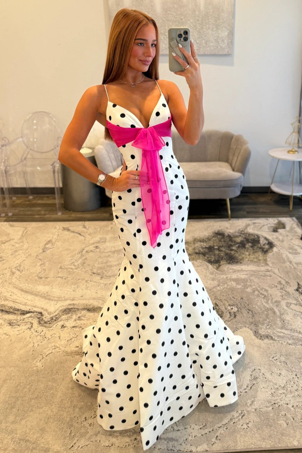 Chic Polka Dot Spaghetti Straps Mermaid Prom Dress with Hot Pink Bow