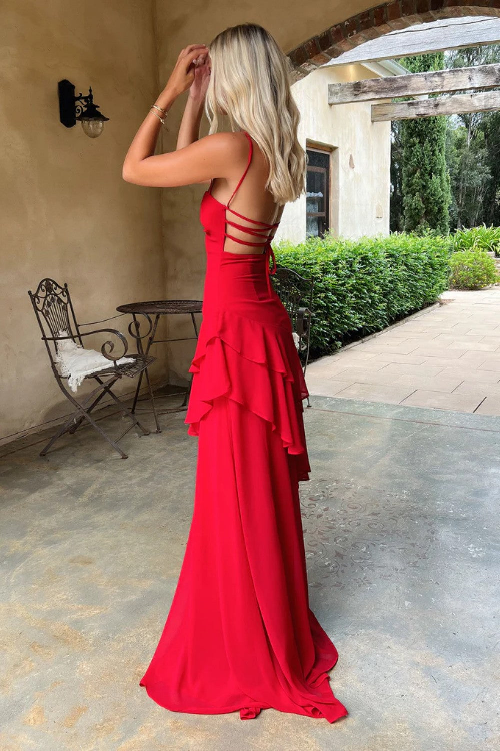 red asymmetrical ruffle dress HOLLY ASYMMETRIC RUFFLE MAXI DRESS in BRIGHT RUBY