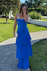 Chic Royal Blue Bodycon Spaghetti Straps Prom Dress with Ruffle Layers