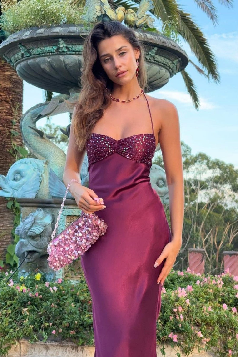Furlla Women Chic Satin Halter Neck Lace Up Long Prom Party Dress with Sequin Furlla Official Furlla Women Chic Satin Halter Neck Lace Up Long Prom Party Dress with Sequin Furlla Official