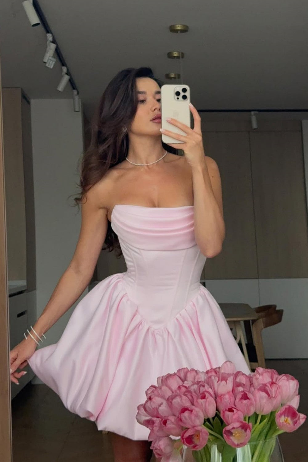 Chic Strapless A-Line Corset Bubble Hem Satin Homecoming Dress