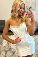 Chic White Satin Homecoming Dress with Crystal Embellished Neckline