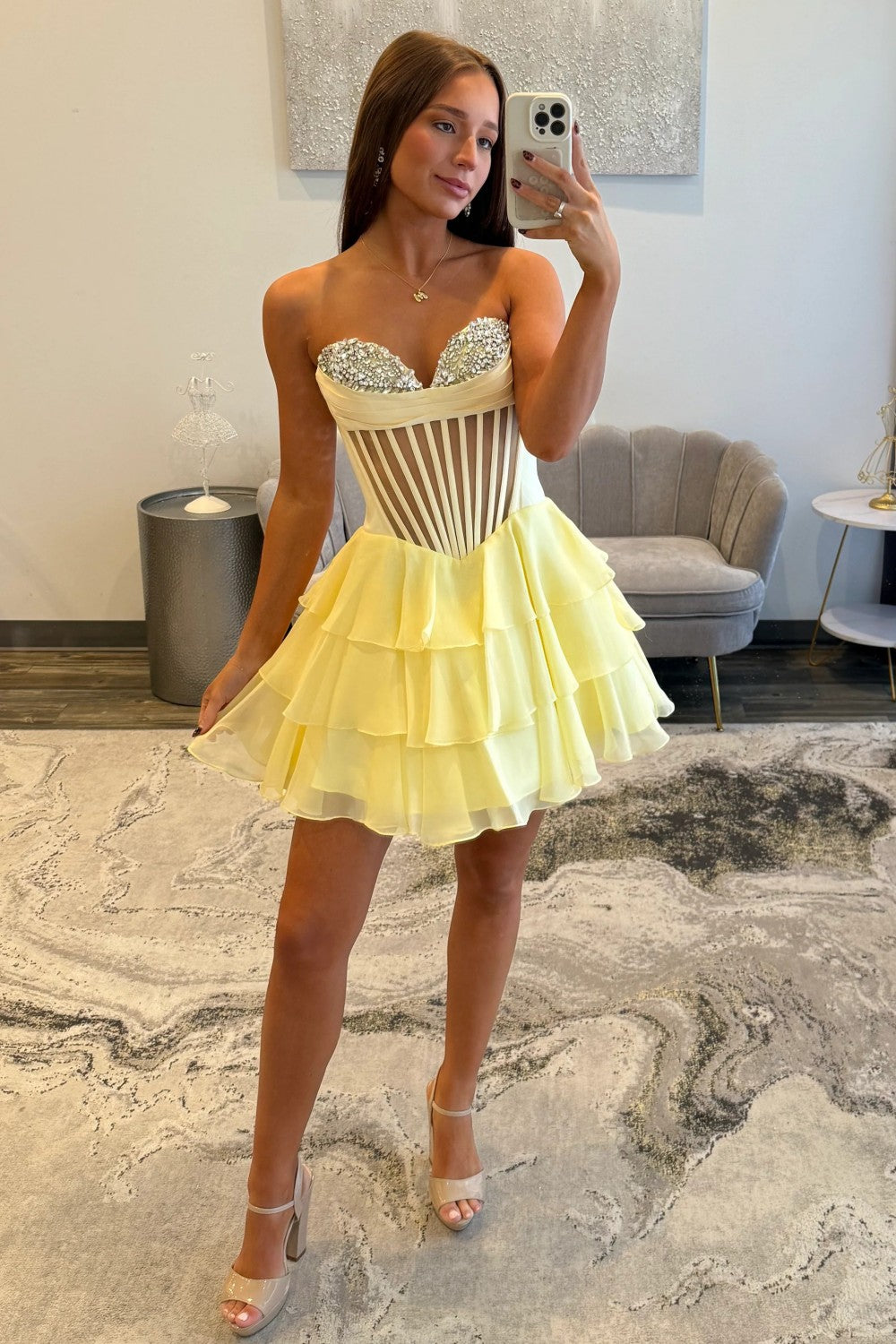 Furlla Women Chic Yellow Corset Bodice Ruffled Tulle Homecoming Dress with Sparkling Details Furlla Official Furlla Women Chic Yellow Corset Bodice Ruffled Tulle Homecoming Dress with Sparkling Details Furlla Official