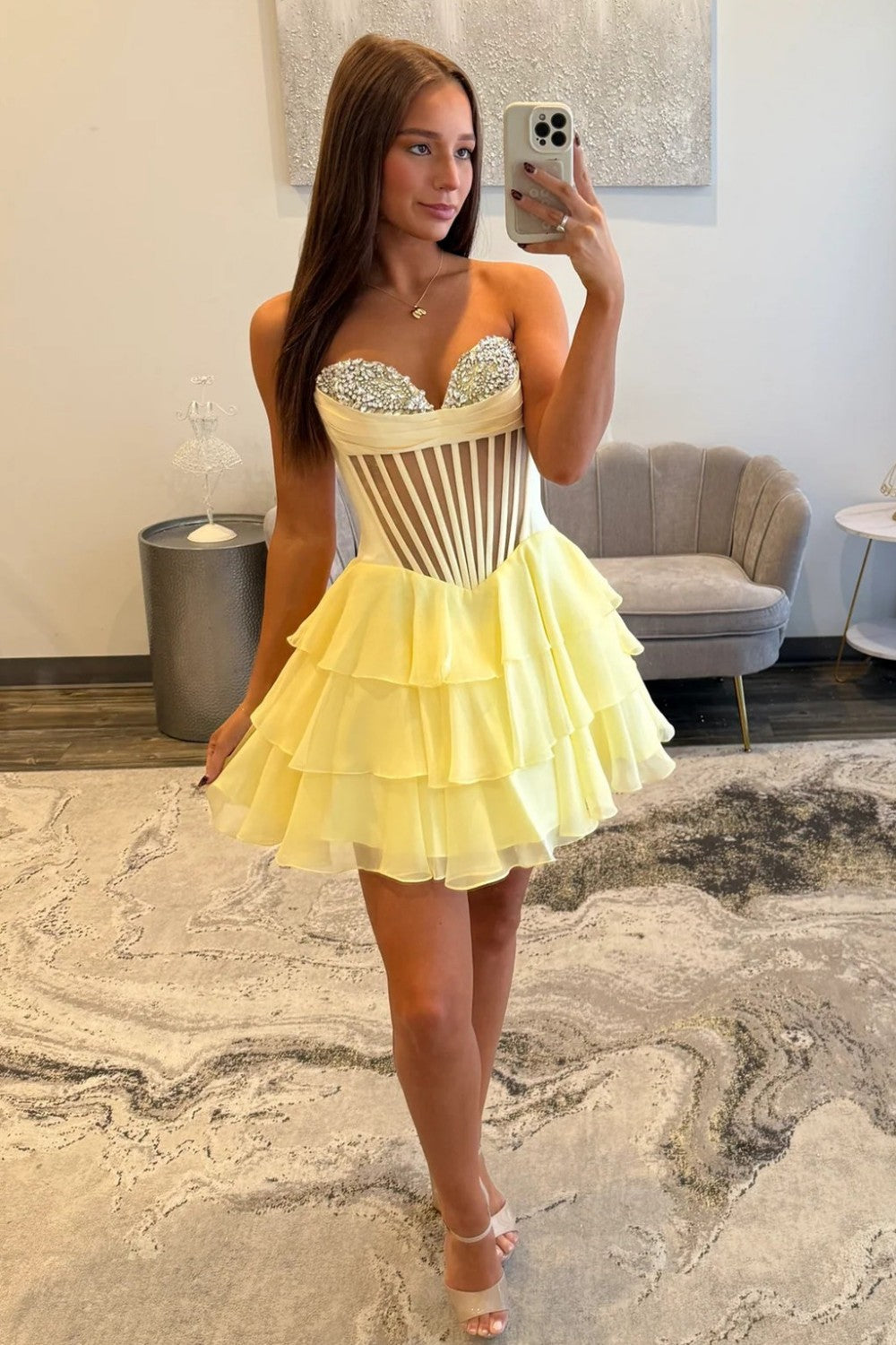 Chic Yellow Corset Bodice Ruffled Tulle Homecoming Dress with Sparkling Details