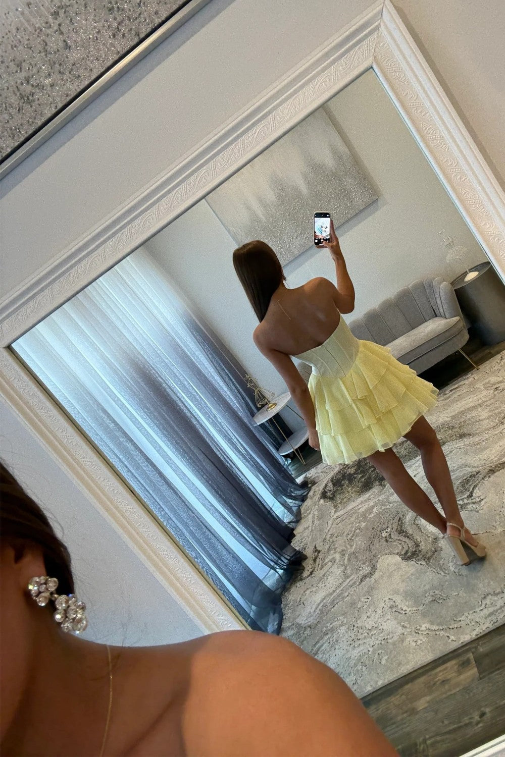 Chic Yellow Corset Bodice Ruffled Tulle Homecoming Dress with Sparkling Details