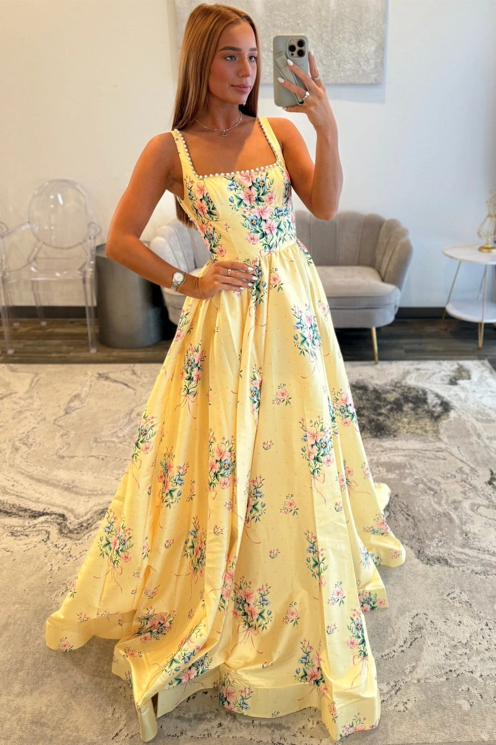 Chic Yellow Floral Square Pearls Trim Neck Prom Dress With Open Back