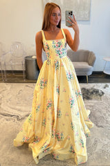 Chic Yellow Floral Square Pearls Trim Neck Prom Dress With Open Back