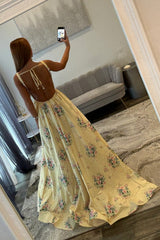 Chic Yellow Floral Square Pearls Trim Neck Prom Dress With Open Back