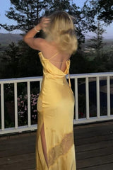 Chic Yellow Satin Gown with Lace Accents for Formal Occasions