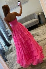 Chic Hot Pink Sweetheart A-Line Prom Gown With Tiered Ruffles and Corset Bodice