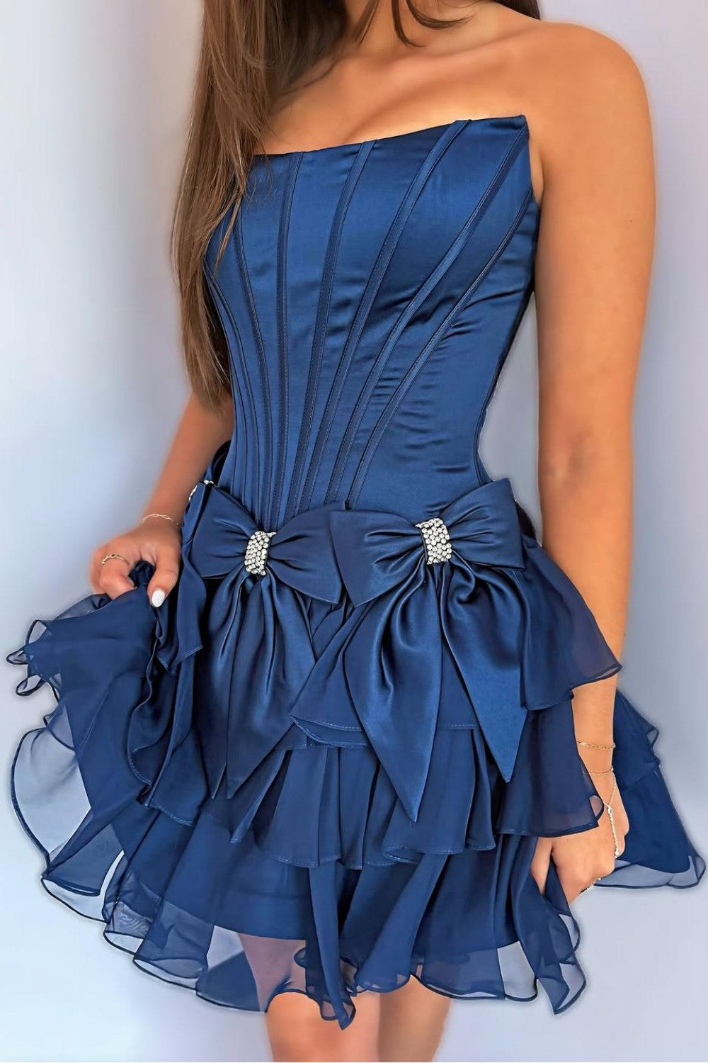 Chic Light Blue Corset Bodice Ruffled Tulle Homecoming Dress with Bows
