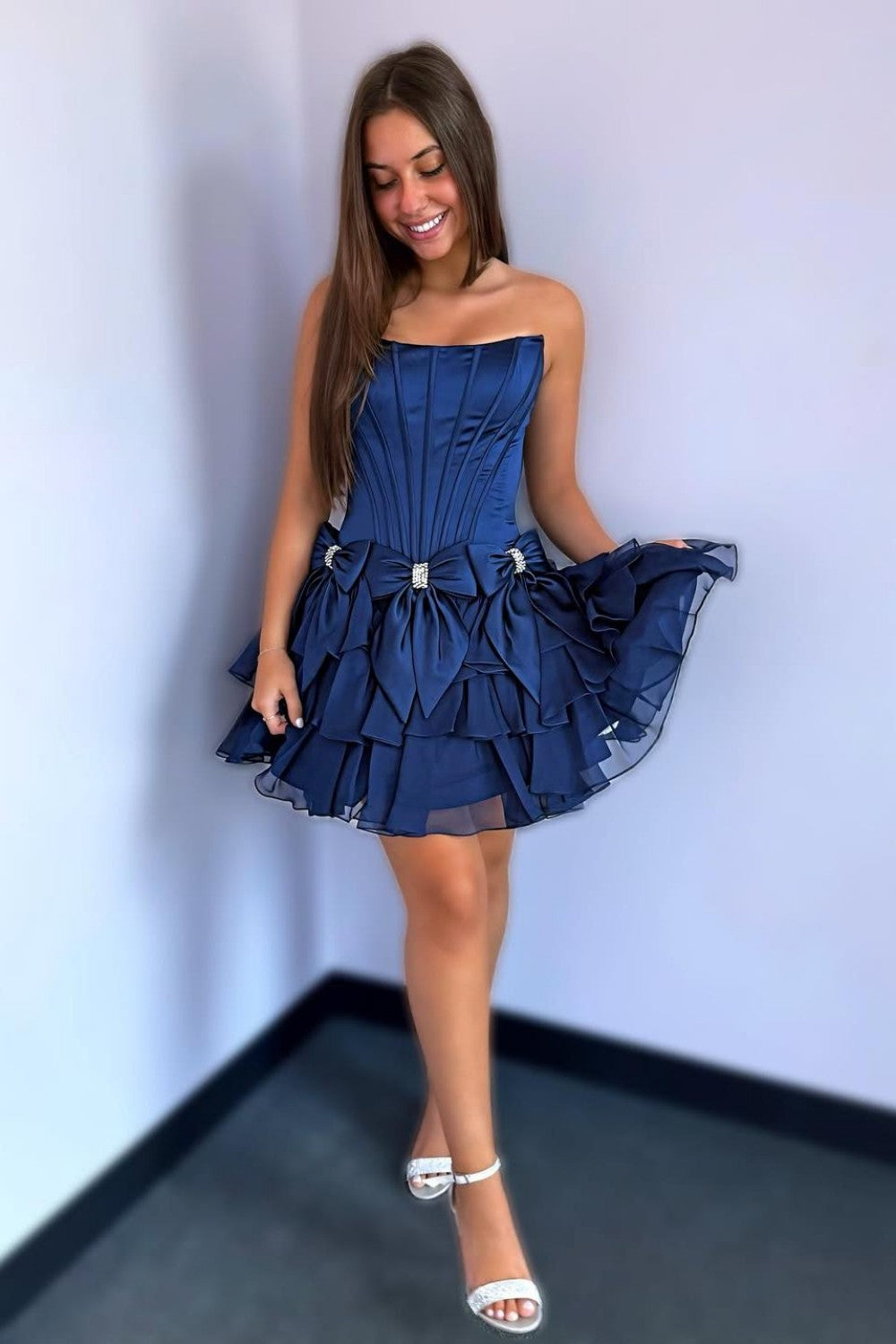Chic Light Blue Corset Bodice Ruffled Tulle Homecoming Dress with Bows