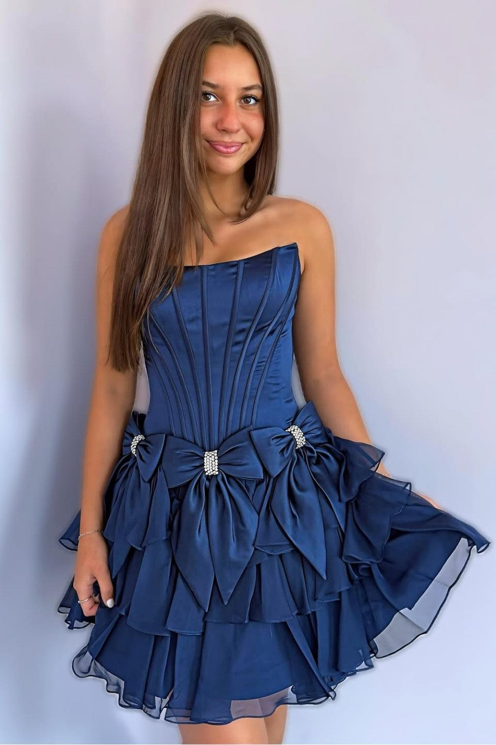 Chic Light Blue Corset Bodice Ruffled Tulle Homecoming Dress with Bows