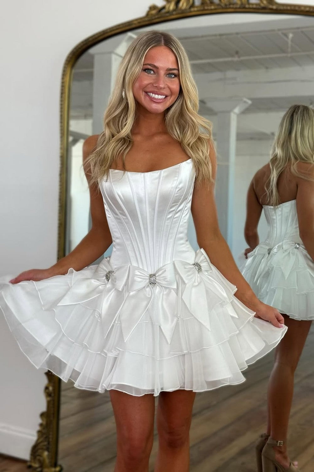 Chic Light Blue Corset Bodice Ruffled Tulle Homecoming Dress with Bows