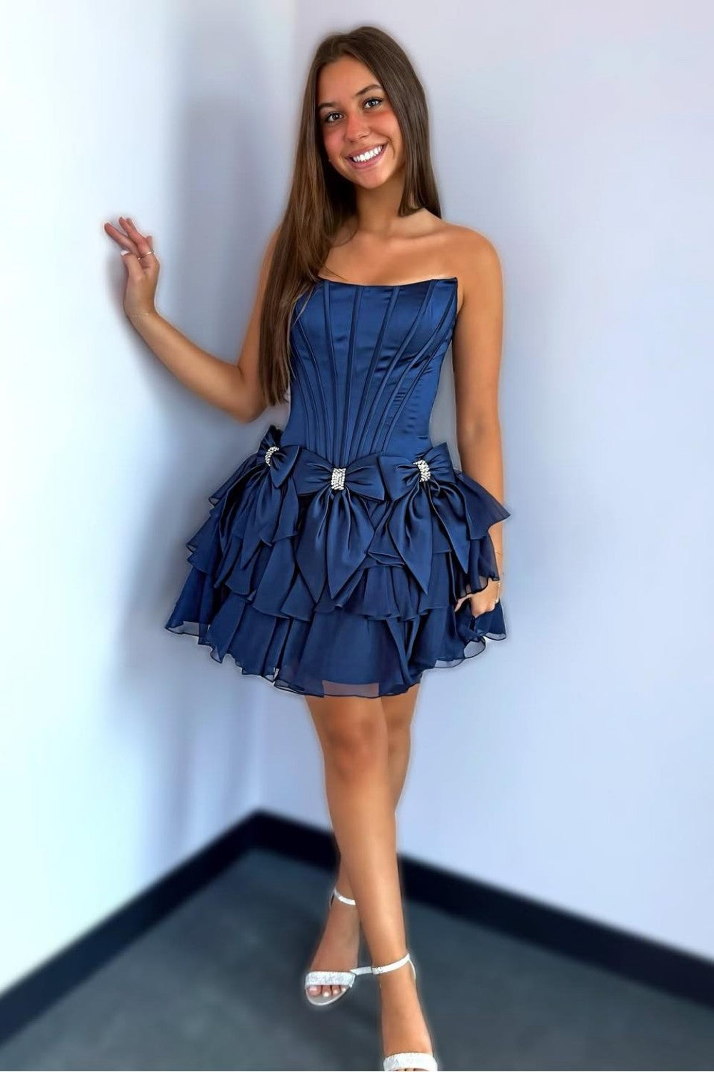 Chic Light Blue Corset Bodice Ruffled Tulle Homecoming Dress with Bows