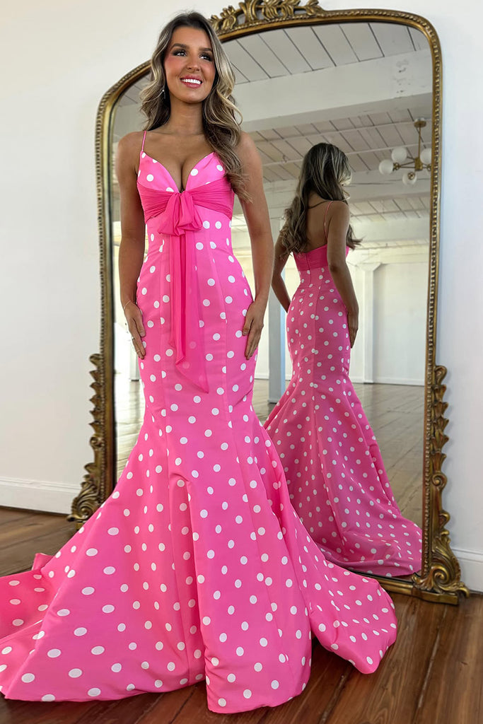 hot pink polka dot dress Furlla Women Chic Spaghetti Straps Mermaid Prom with Bow – Furlla Official stopping maxi dress is Lace Spring Wedding Guest Color:White Blue 0519