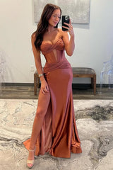 Chic Sweetheart Long Mermaid Satin Corset Prom Dress with High Slit