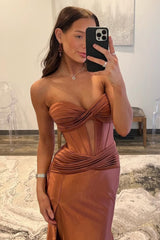 Chic Sweetheart Long Mermaid Satin Corset Prom Dress with High Slit