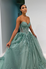 Classic A Line Sweetheart Mint Green Long Prom Dress with Appliques