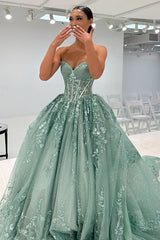 Classic A Line Sweetheart Mint Green Long Prom Dress with Appliques