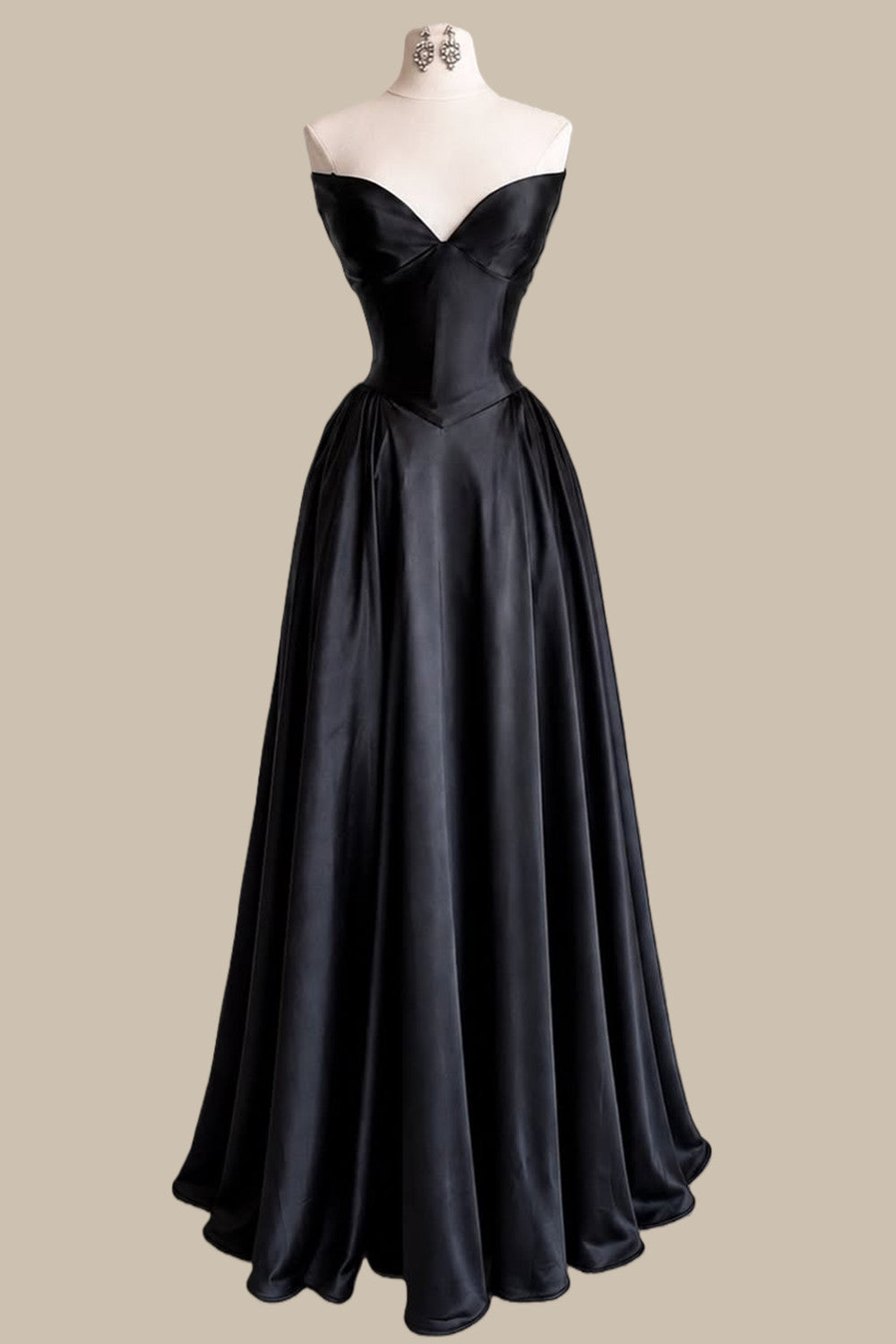 Classic Black Satin Prom Dress with Structured Corset Waist and Full Skirt