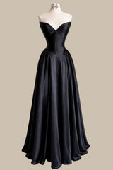 Classic Black Satin Prom Dress with Structured Corset Waist and Full Skirt