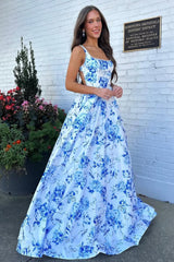 Classic Blue Floral A-Line Square Neck Backless Long Prom Gown