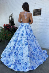 Classic Blue Floral A-Line Square Neck Backless Long Prom Gown