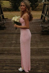 Classic Blush Pink Spaghetti Straps Pearls Prom Gown with and Modern Front Slit