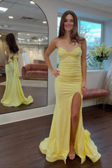 Classic Mermaid Sweetheart Yellow Long Prom Dress with Split Front Open Back
