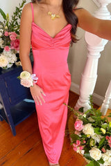 Classic Sheath Spaghetti Straps Candy Pink Long Prom Dress with Ruched