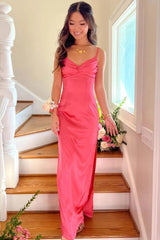 Classic Sheath Spaghetti Straps Candy Pink Long Prom Dress with Ruched