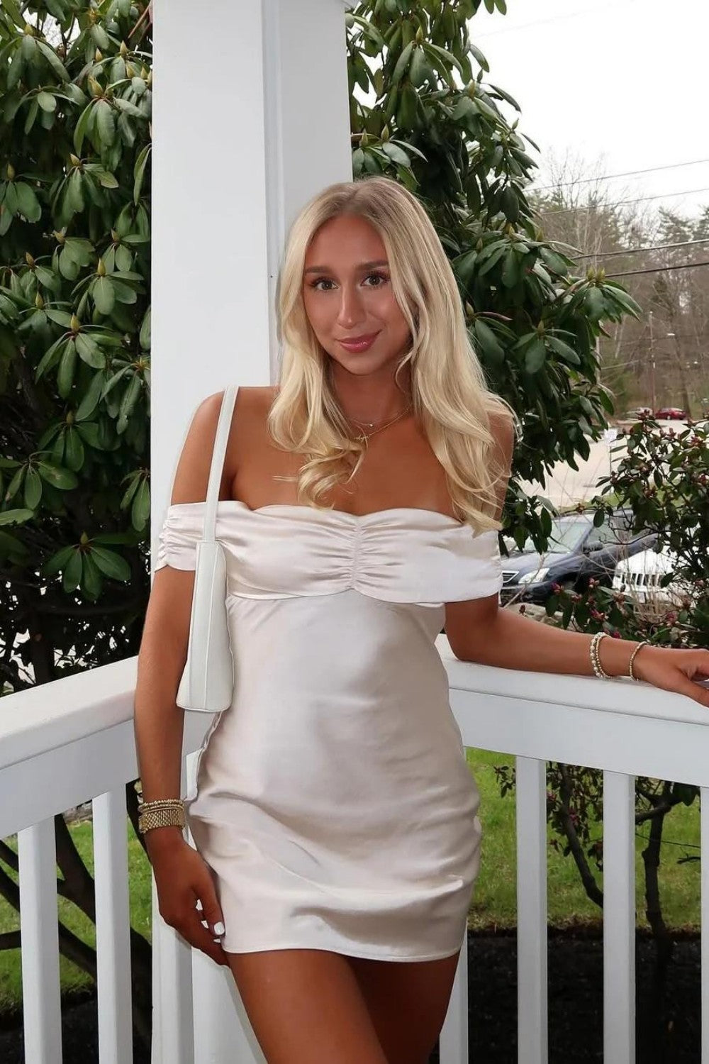 Classic White Satin Homecoming Dress with Draped Off Shoulder Sleeves