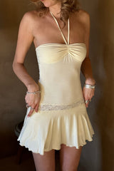 Cream Satin Ruched Bust Lace Detail Short Homecoming Dress