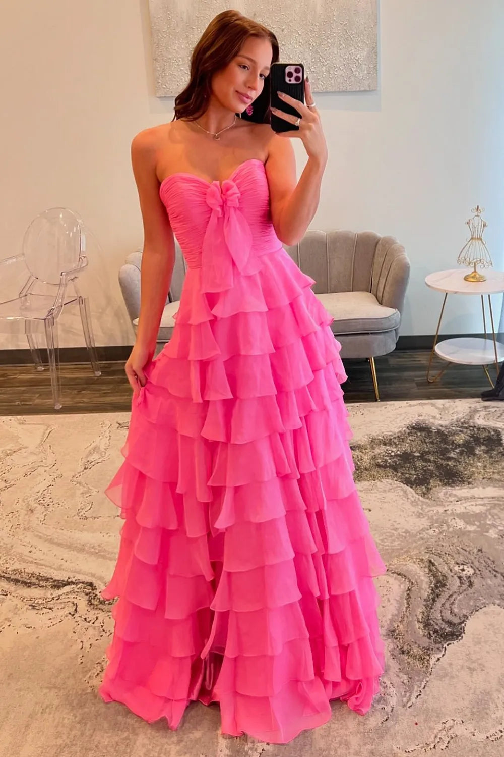 Pink Sweetheart Ruffle Tiered A-Line Prom Dress with Front Bow