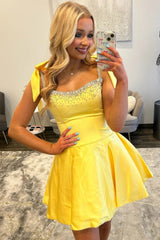 Cute A-Line Homecoming Dress with Rhinestone Bodice and Bow Straps