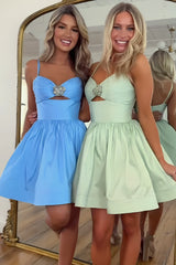 Cute A-Line Spaghetti Straps Short Satin Homecoming Dress with Beading