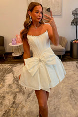 Cute A-Line Strapless Satin Corset Homecoming Dress with Pearl Trim