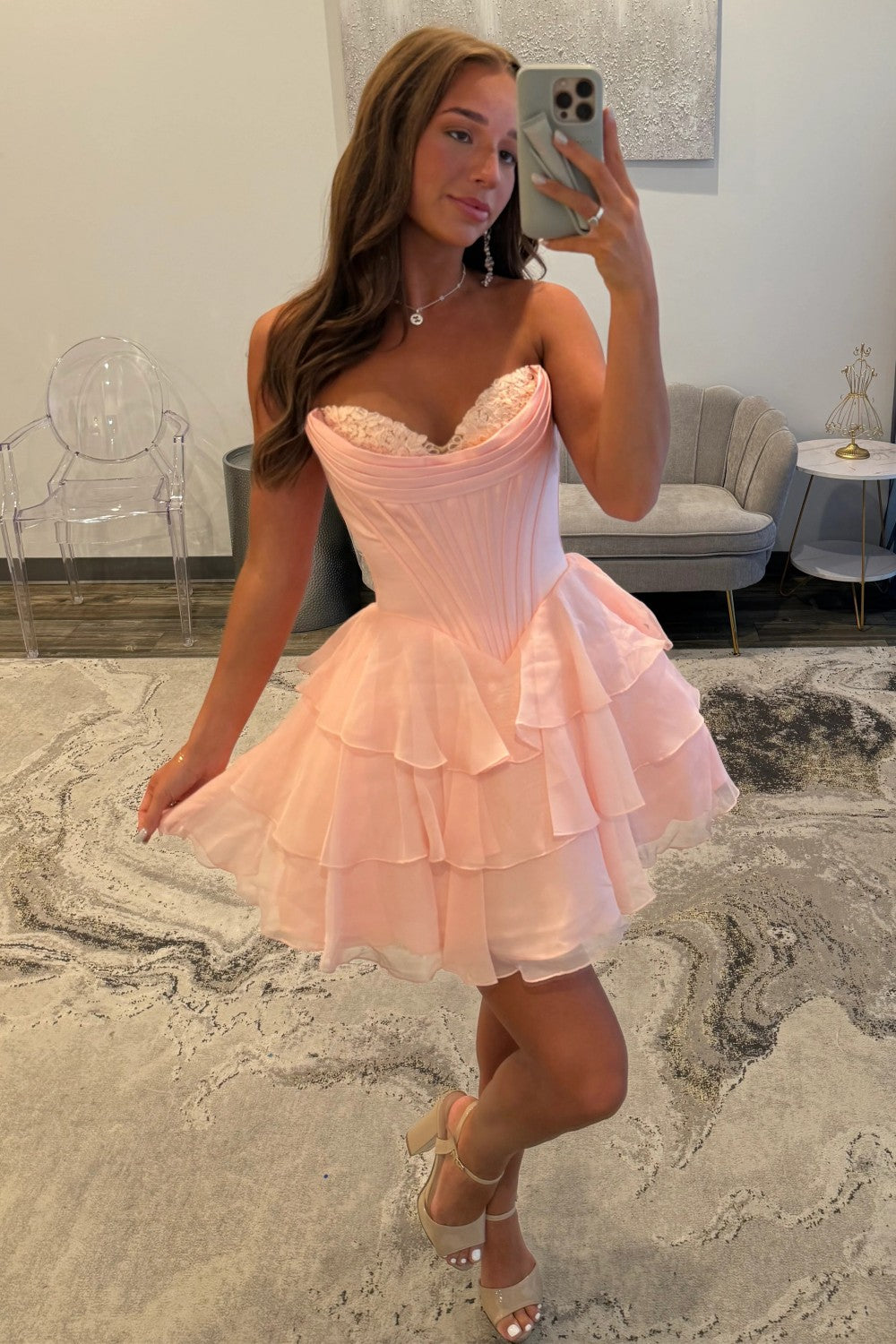 Cute A-Line Sweetheart Ruffled Homecoming Dress with Lace Detail