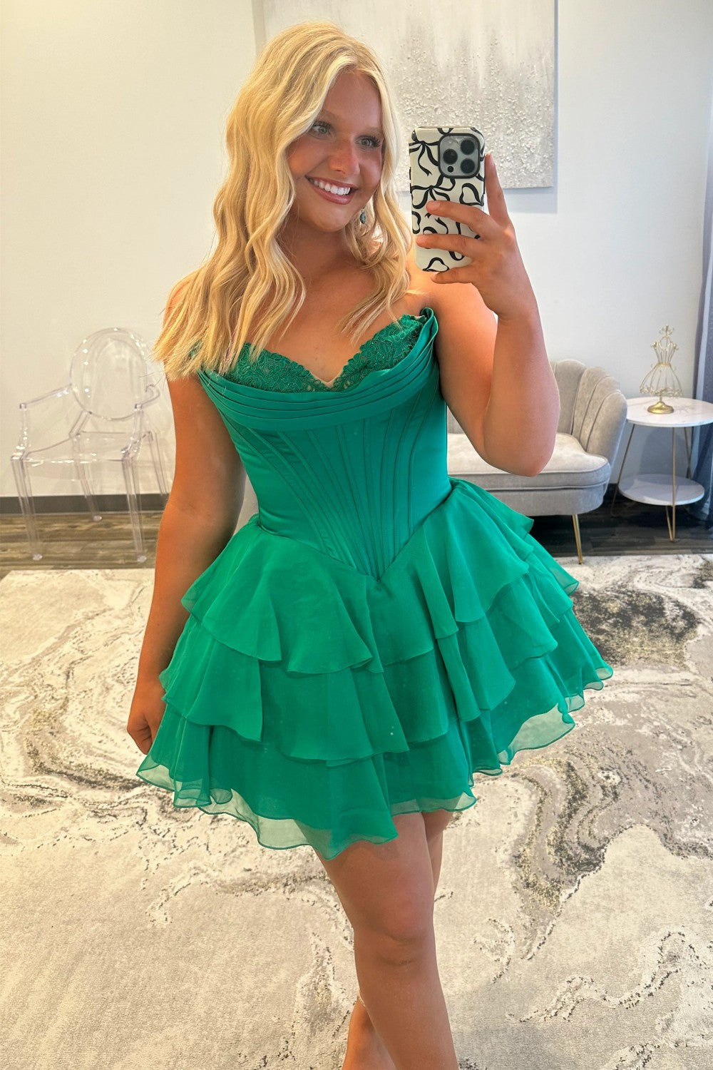 Cute A-Line Sweetheart Ruffled Homecoming Dress with Lace Detail