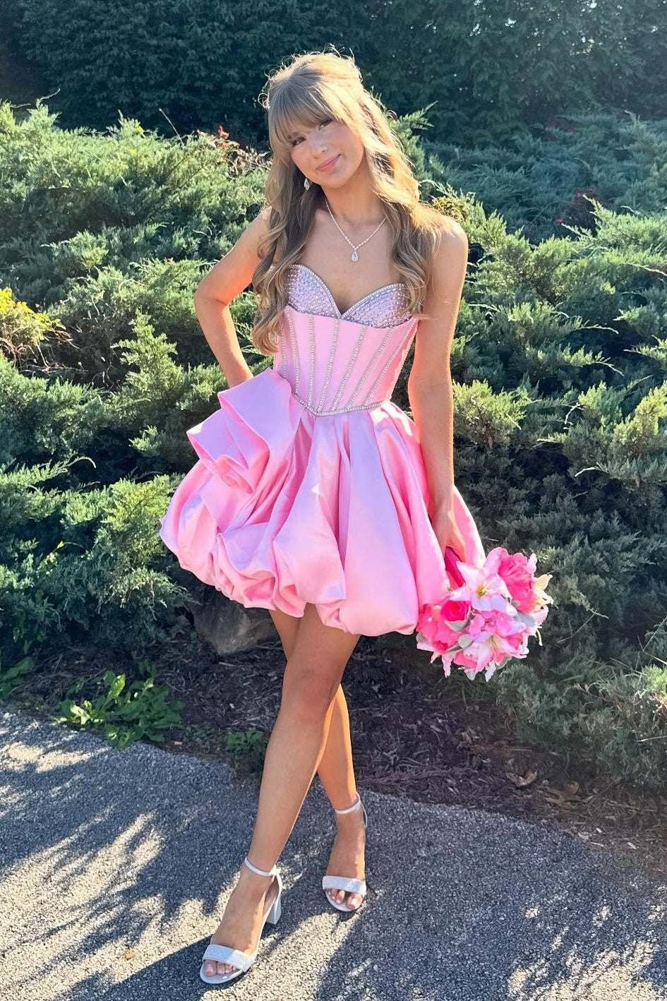 Cute A Line Sweetheart Pink Corset Homecoming Dress with Beading