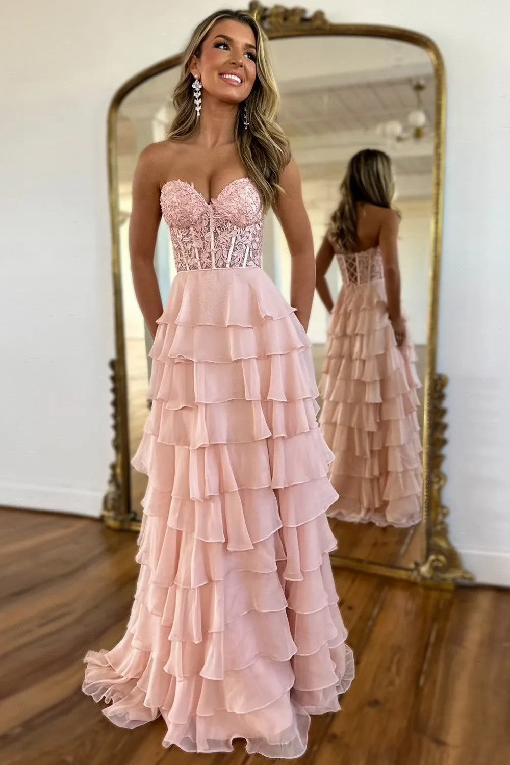 Cute Light Blue A-Line Sweetheart Lace Up Long Tiered Chiffon Prom Dress with Slit