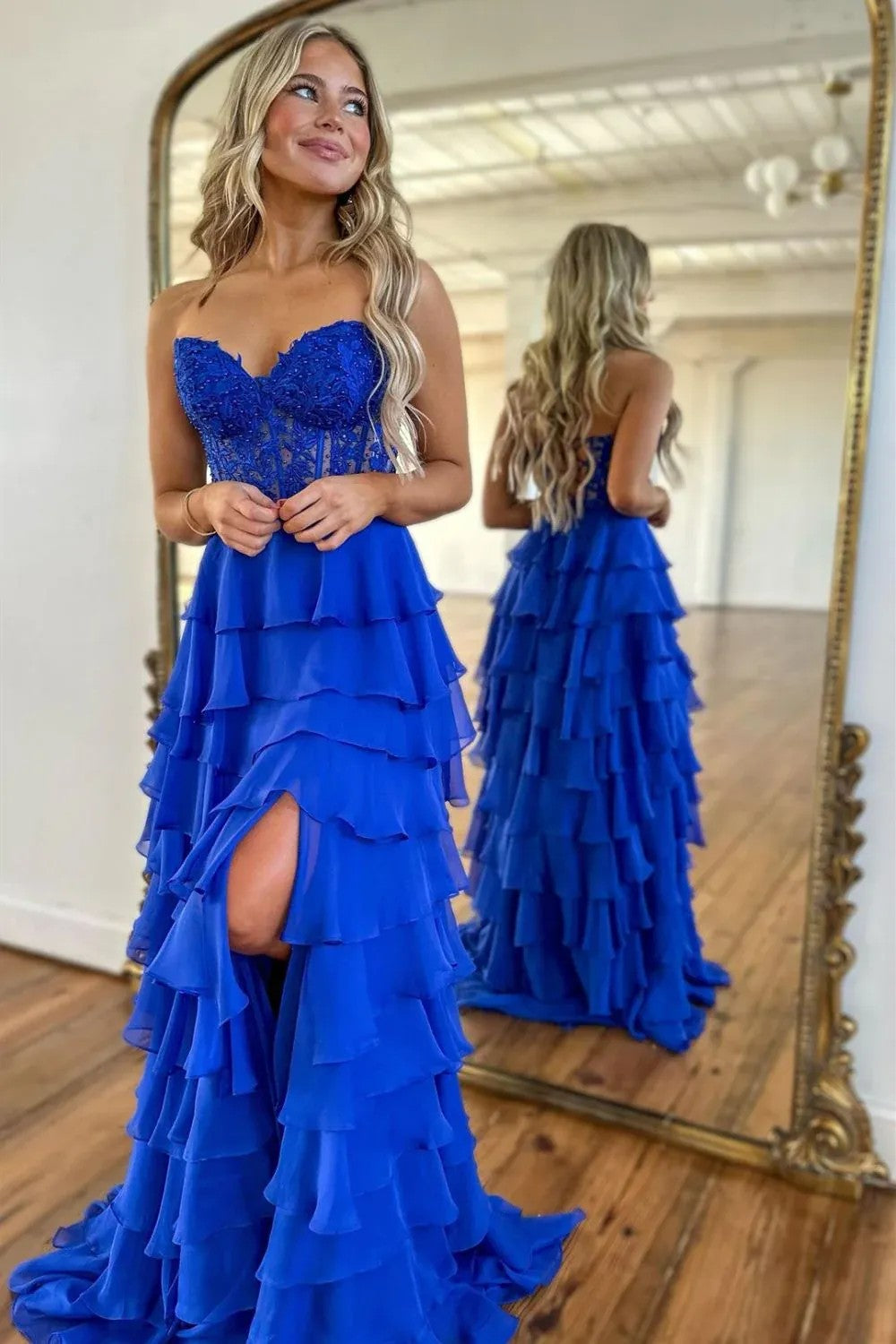 Cute Light Blue A-Line Sweetheart Lace Up Long Tiered Chiffon Prom Dress with Slit
