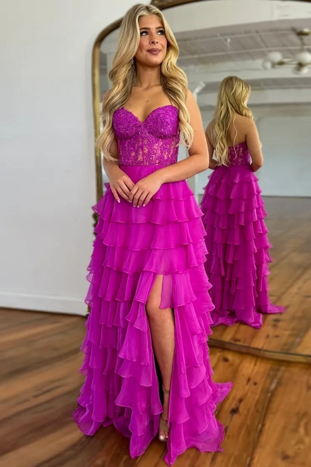 Cute Light Blue A-Line Sweetheart Lace Up Long Tiered Chiffon Prom Dress with Slit