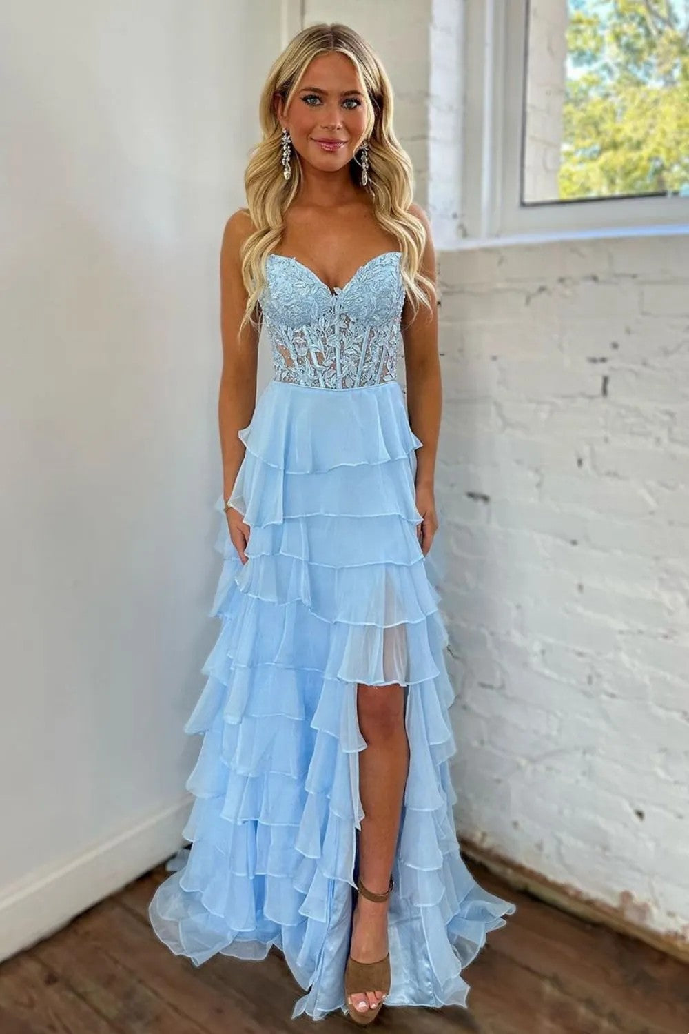 Cute Light Blue A-Line Sweetheart Lace Up Long Tiered Chiffon Prom Dress with Slit
