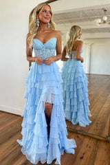 Cute Light Blue A-Line Sweetheart Lace Up Long Tiered Chiffon Prom Dress with Slit