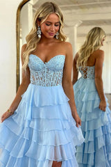 Cute Light Blue A-Line Sweetheart Lace Up Long Tiered Chiffon Prom Dress with Slit